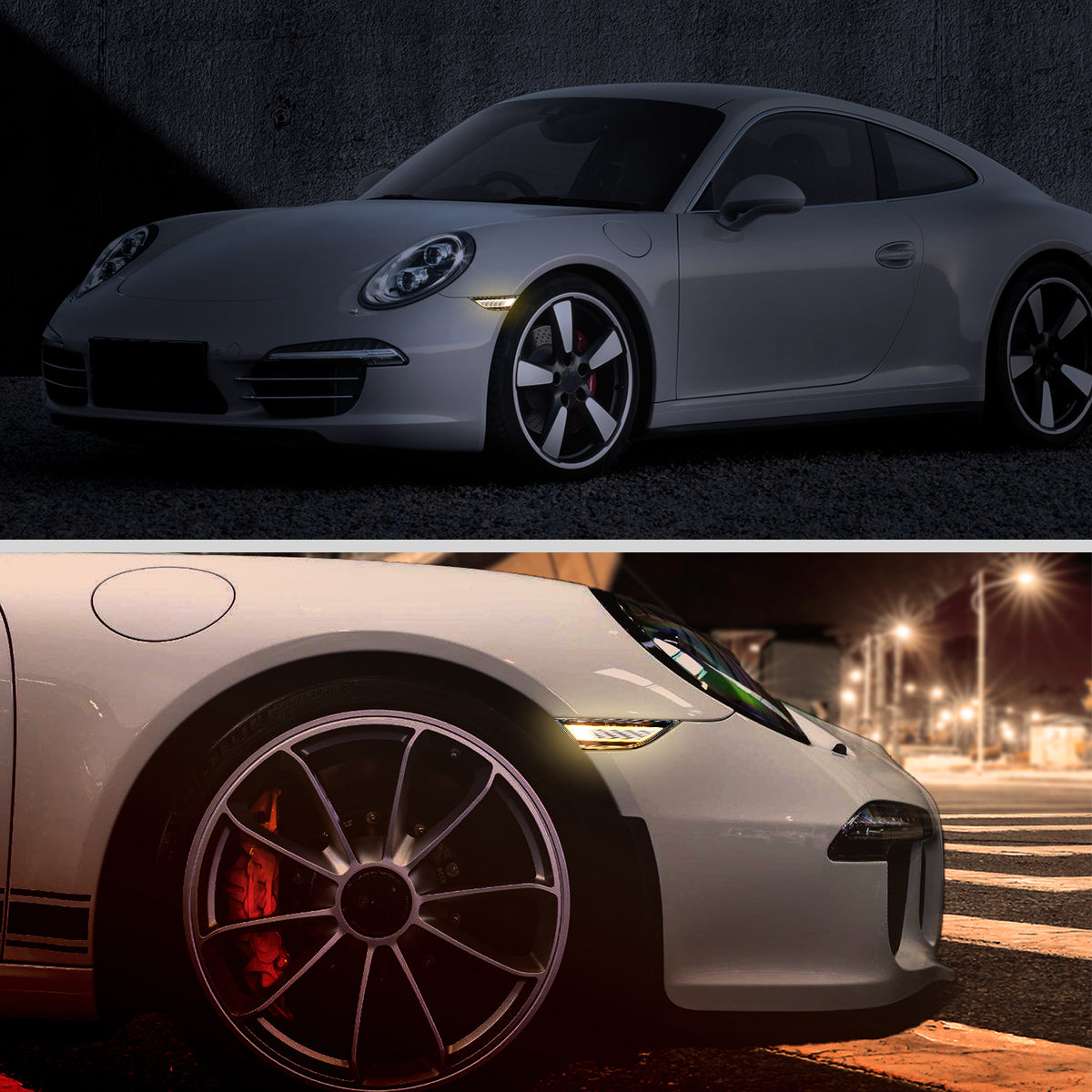 2012-2016 Porsche 911 Carrera 2017-2018 Boxster 718 Sequential LED Front Bumper Side Marker Turn Signal Lights (Chrome Housing / Clear Lens)