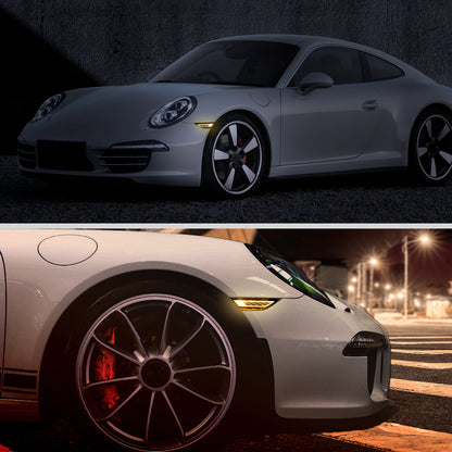 2012-2016 Porsche 911 Carrera 2017-2018 Boxster 718 Sequential LED Front Bumper Side Marker Turn Signal Lights (Chrome Housing / Smoked Lens)
