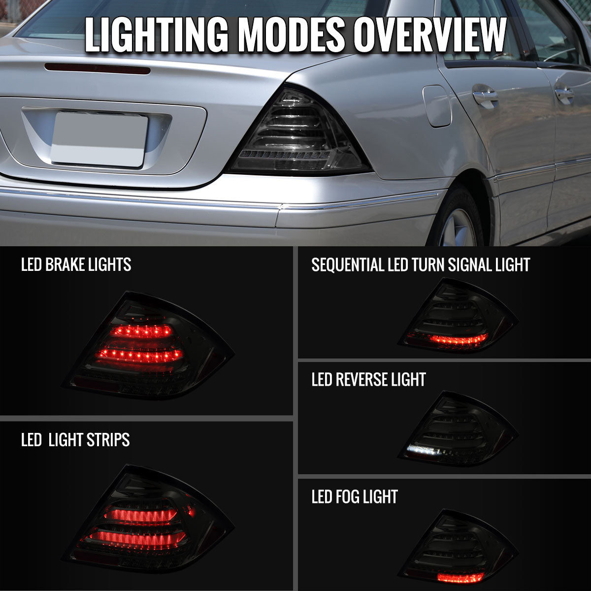 2001-2004 Mercedes Benz W203 C-Class Sequential Turn Signal LED Tail Lights (Chrome Housing/Smoked Lens)