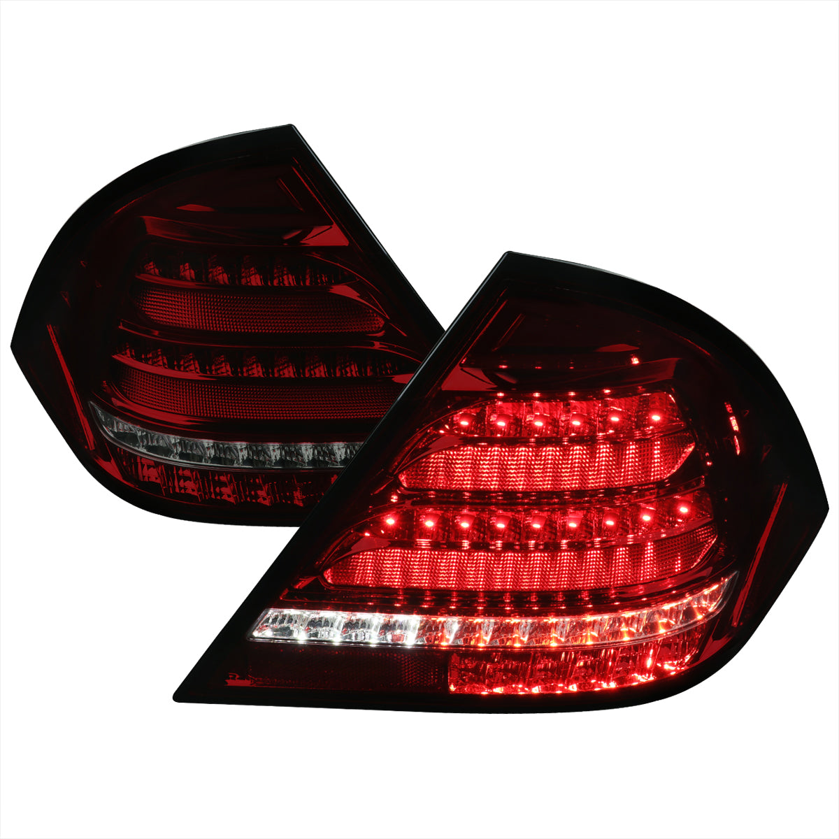 2001-2004 Mercedes Benz W203 C-Class Sequential Turn Signal LED Tail Lights (Chrome Housing/Red Smoked Lens)