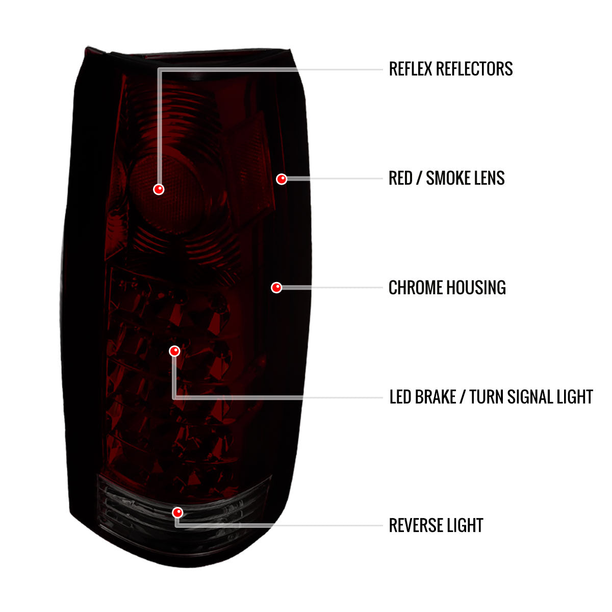 1988-2000 Chevrolet C/K C10/Silverado/Tahoe/Suburban GMC Sierra/Jimmy/Yukon APC LED Tail Lights (Chrome Housing/Red Smoked Lens)