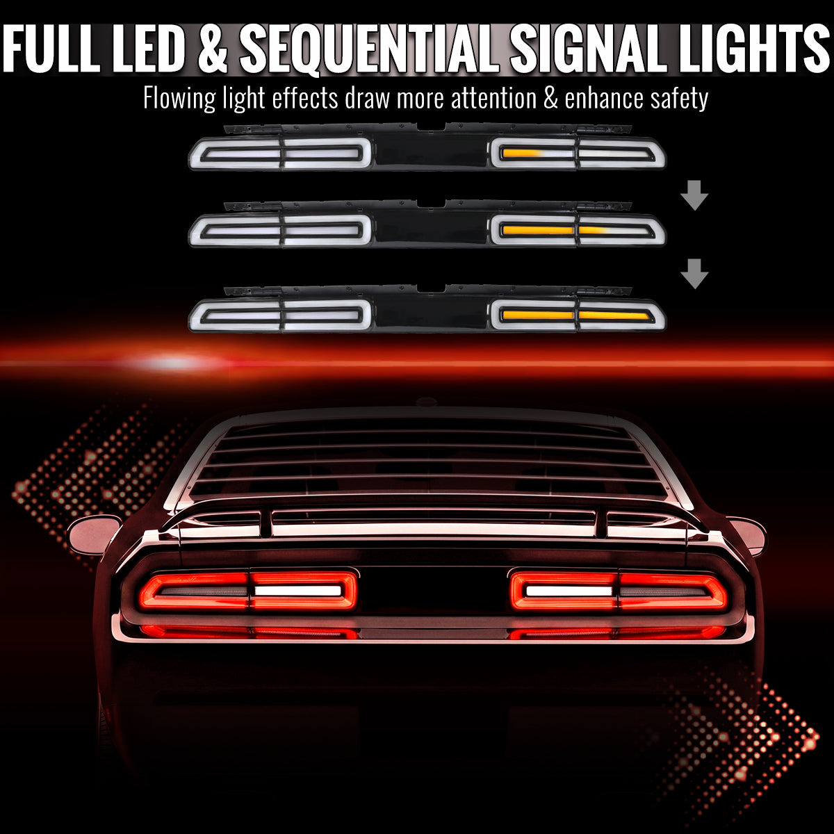 2008-2014 Dodge Challenger Sequential LED Turn Signal Tail Lights (Black Housing / Clear Lens / White Bars)