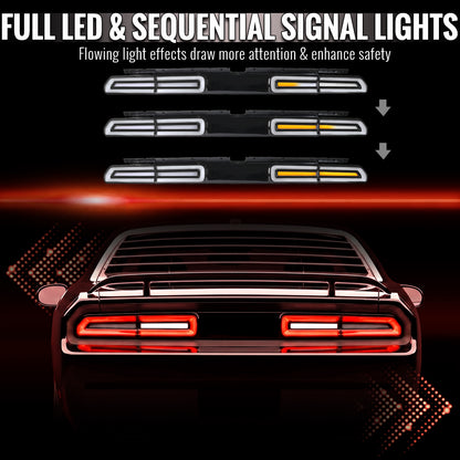 2008-2014 Dodge Challenger Sequential LED Turn Signal Tail Lights (Black Housing / Clear Lens / White Bars)
