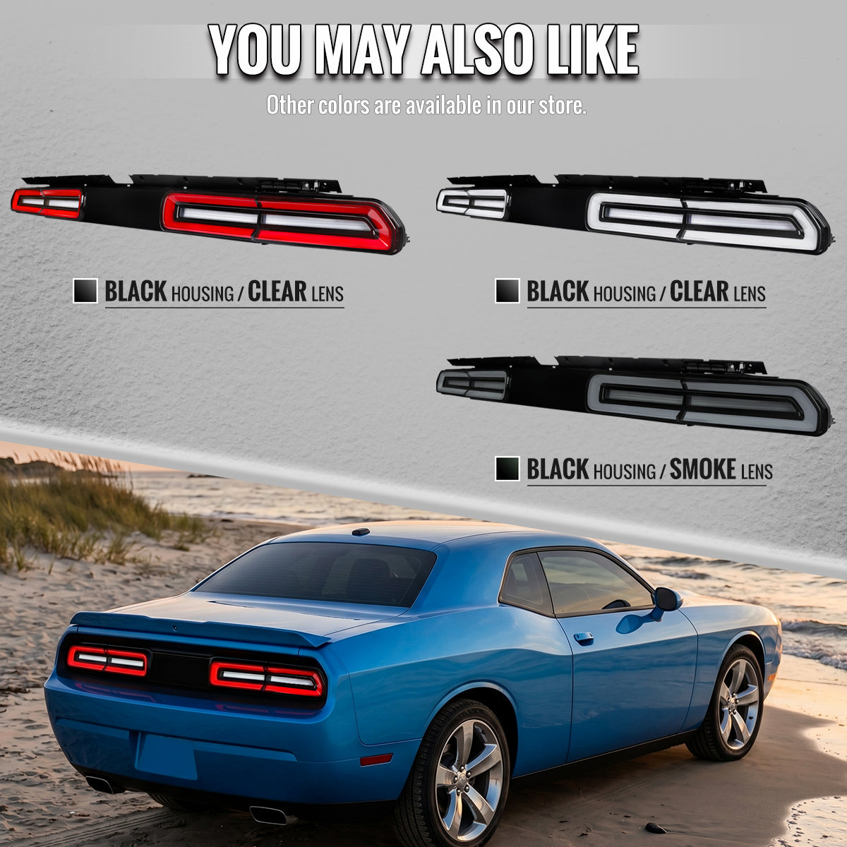 2008-2014 Dodge Challenger Sequential LED Turn Signal Tail Lights (Black Housing / Clear Lens / White Bars)
