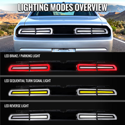 2008-2014 Dodge Challenger Sequential LED Turn Signal Tail Lights (Black Housing / Clear Lens / White Bars)
