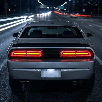 2008-2014 Dodge Challenger Sequential LED Turn Signal Tail Lights (Black Housing / Clear Lens / White Bars)