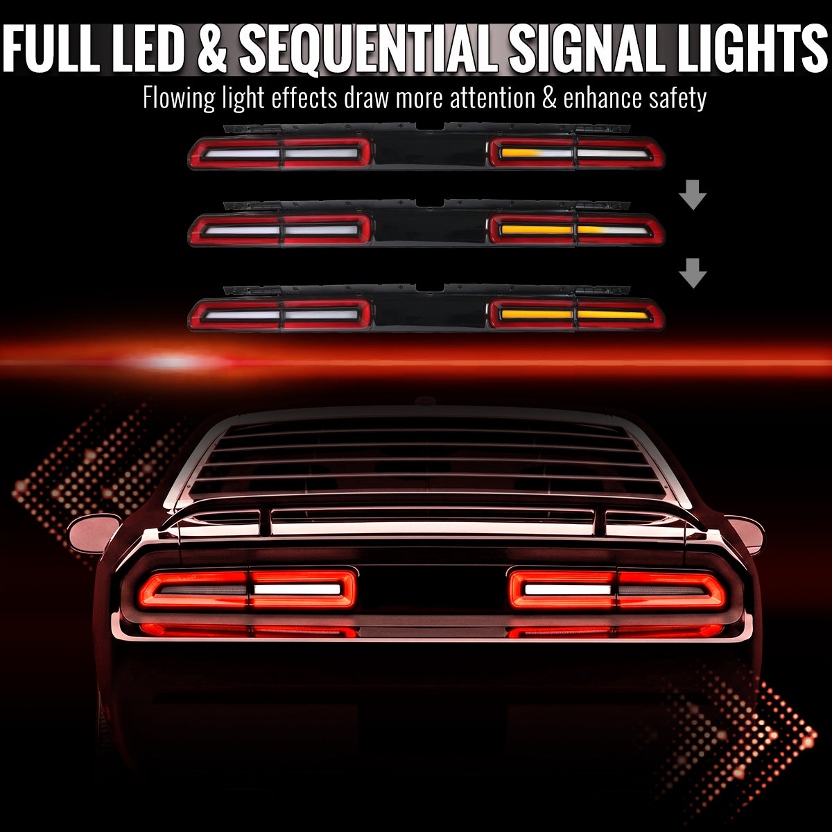 2008-2014 Dodge Challenger Sequential LED Turn Signal Tail Lights (Black Housing / Clear Lens / Red Bars)