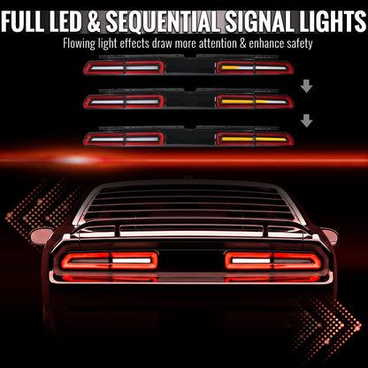 2008-2014 Dodge Challenger Sequential LED Turn Signal Tail Lights (Black Housing / Clear Lens / Red Bars)