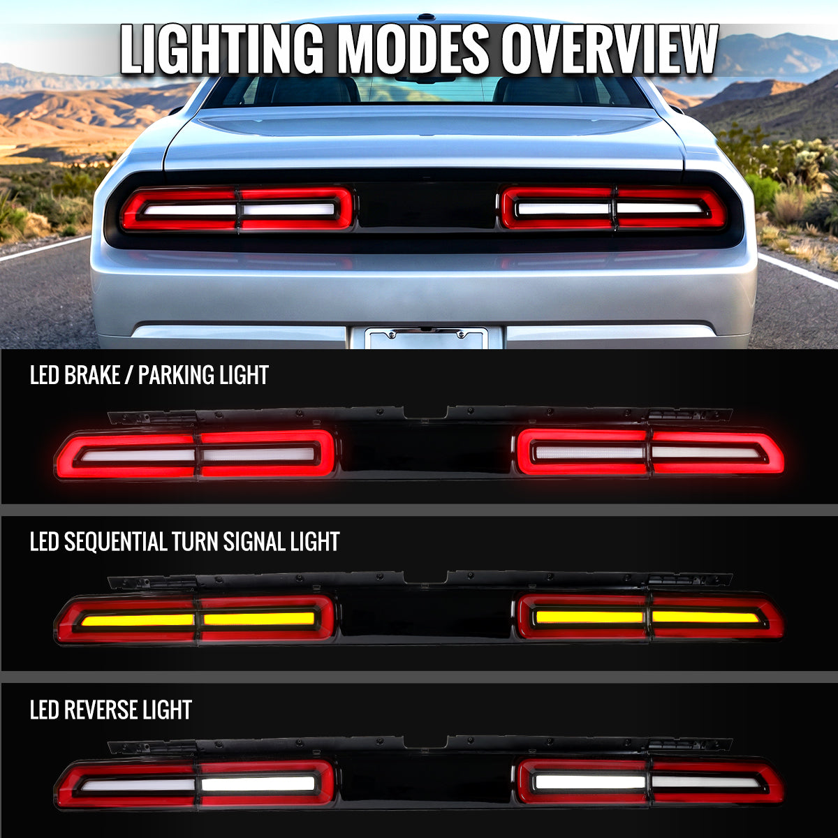 2008-2014 Dodge Challenger Sequential LED Turn Signal Tail Lights (Black Housing / Clear Lens / Red Bars)
