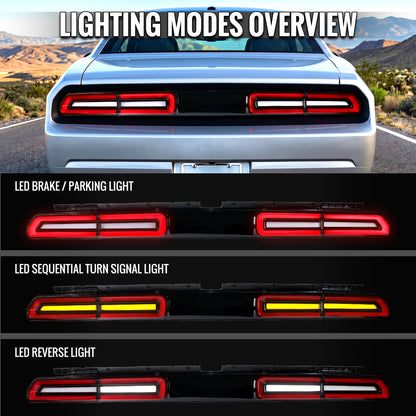2008-2014 Dodge Challenger Sequential LED Turn Signal Tail Lights (Black Housing / Clear Lens / Red Bars)