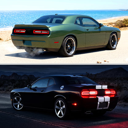 2008-2014 Dodge Challenger Sequential LED Turn Signal Tail Lights (Black Housing / Clear Lens / Red Bars)