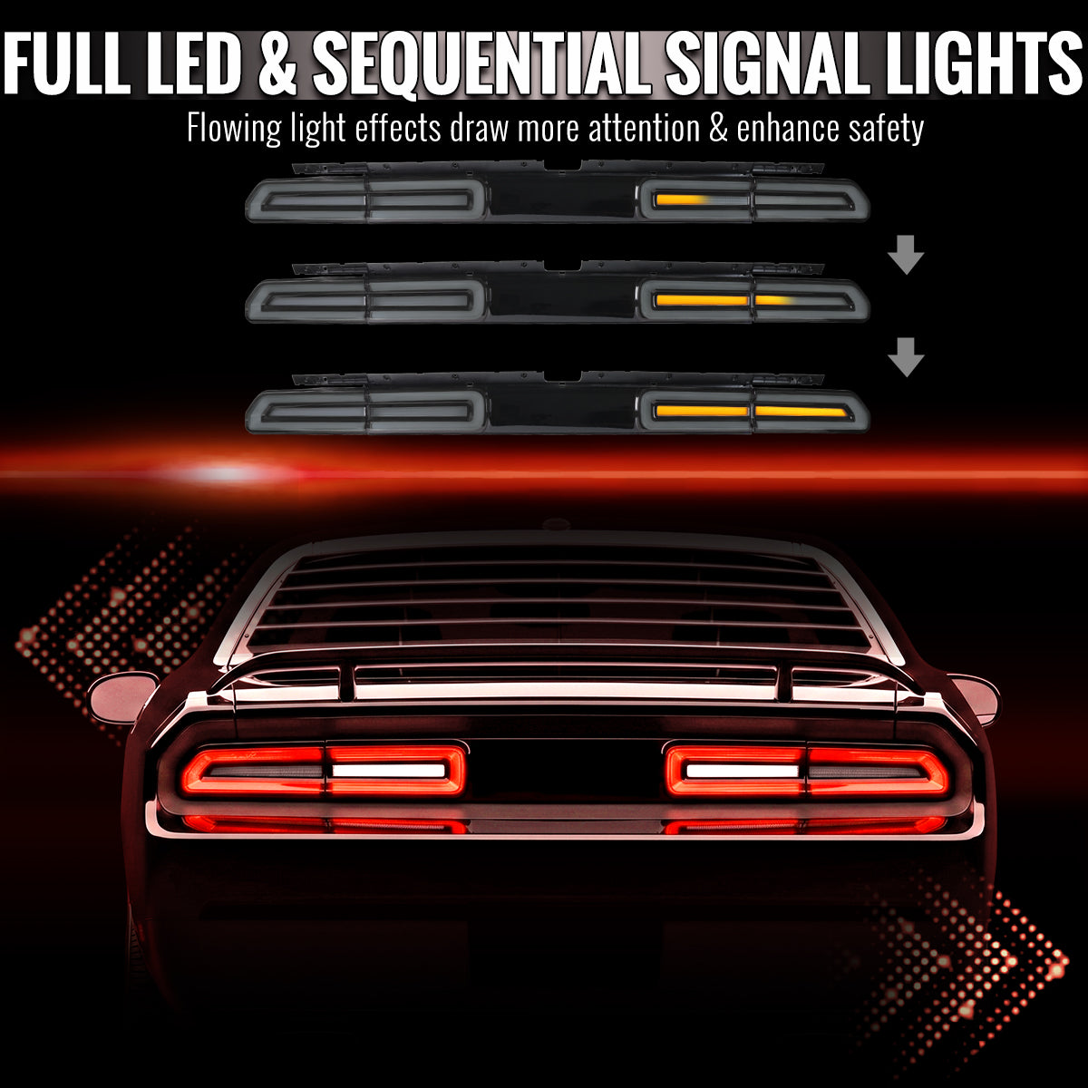 2008-2014 Dodge Challenger Sequential LED Turn Signal Tail Lights (Black Housing / Smoked Lens / White Bars)
