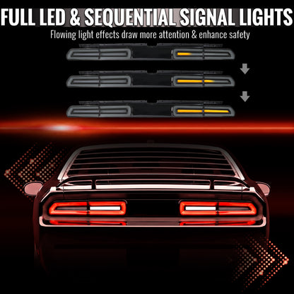 2008-2014 Dodge Challenger Sequential LED Turn Signal Tail Lights (Black Housing / Smoked Lens / White Bars)