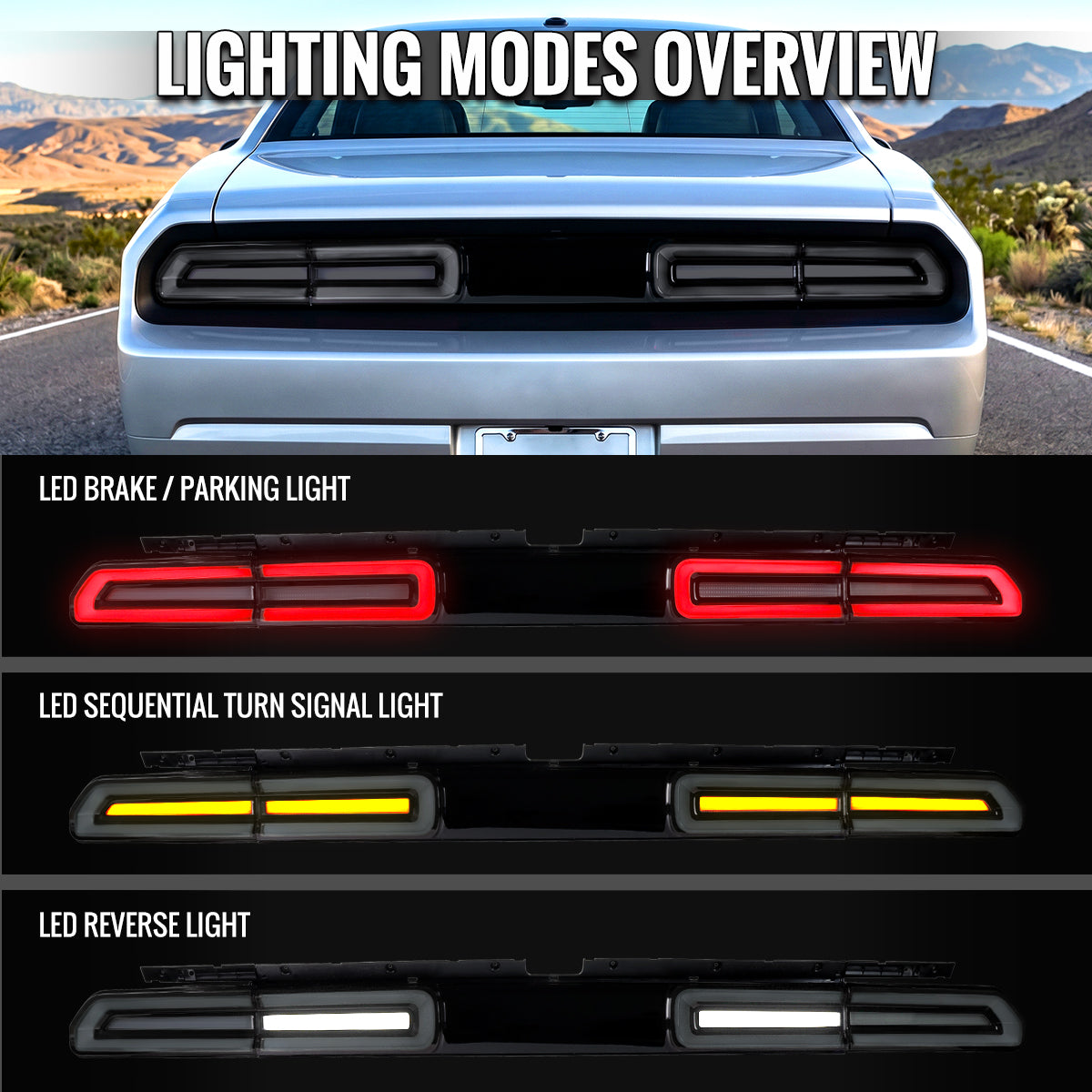 2008-2014 Dodge Challenger Sequential LED Turn Signal Tail Lights (Black Housing / Smoked Lens / White Bars)