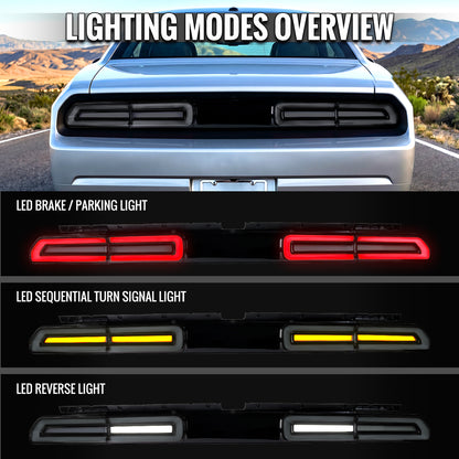 2008-2014 Dodge Challenger Sequential LED Turn Signal Tail Lights (Black Housing / Smoked Lens / White Bars)