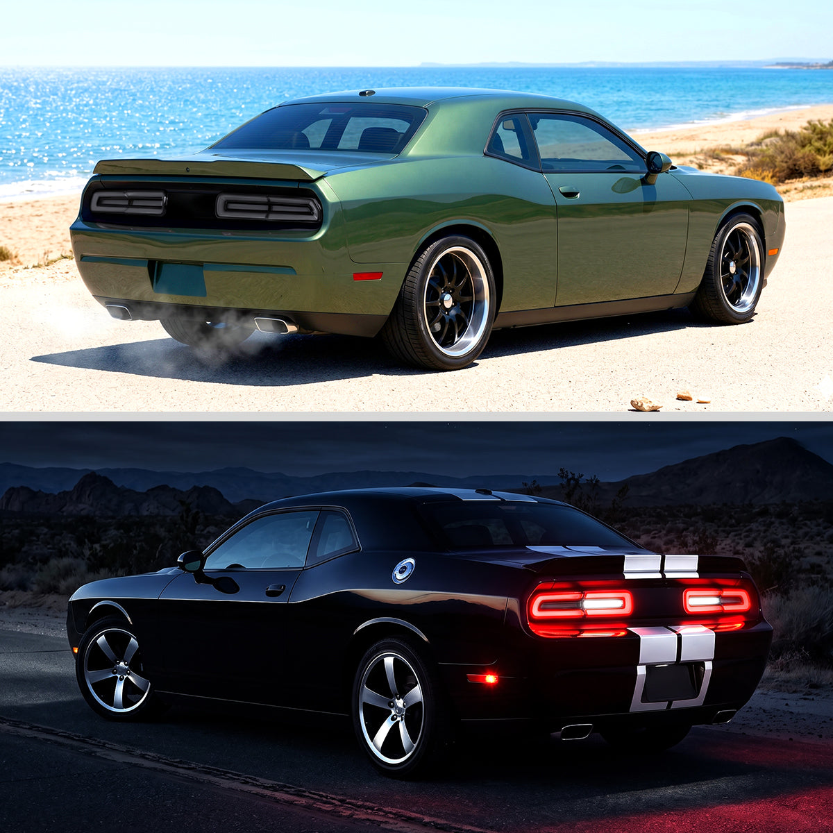 2008-2014 Dodge Challenger Sequential LED Turn Signal Tail Lights (Black Housing / Smoked Lens / White Bars)