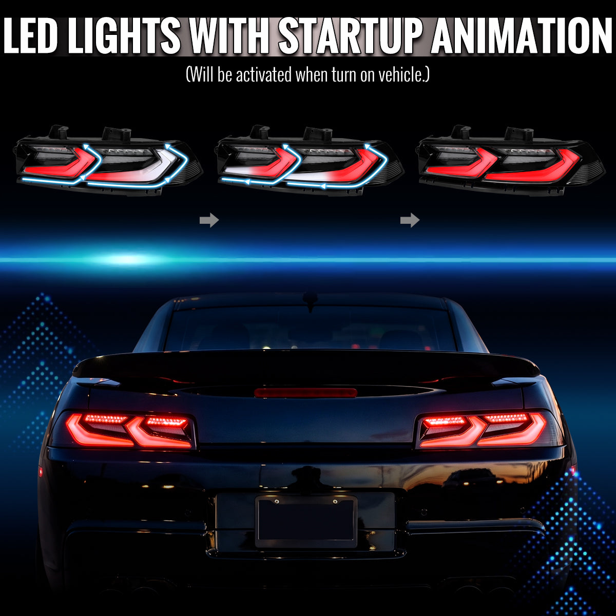 2014-2015 Chevrolet Camaro Sequential LED Turn Signal C8-Style Tail Lights (Black Housing / Clear Lens)