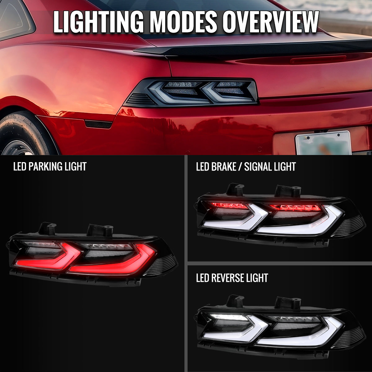 2014-2015 Chevrolet Camaro Sequential LED Turn Signal C8-Style Tail Lights (Black Housing / Clear Lens)