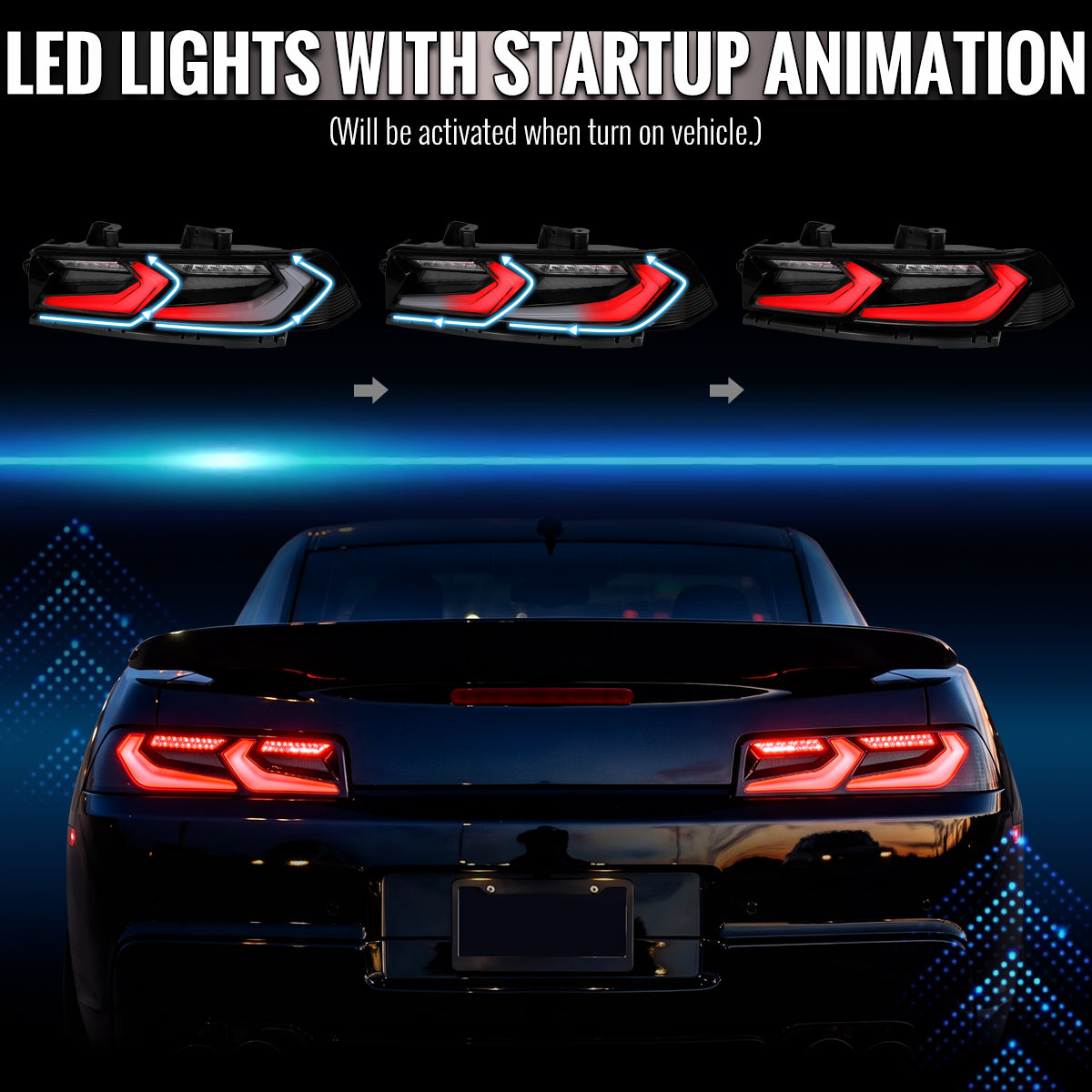 2014-2015 Chevrolet Camaro Sequential LED Turn Signal C8-Style Tail Lights (Black Housing / Smoked Lens)