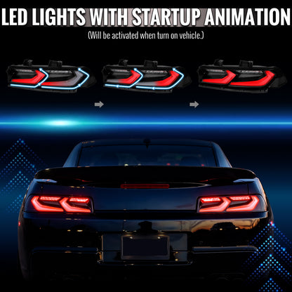 2014-2015 Chevrolet Camaro Sequential LED Turn Signal C8-Style Tail Lights (Black Housing / Smoked Lens)