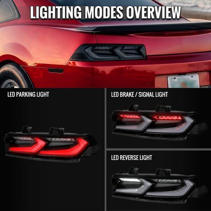 2014-2015 Chevrolet Camaro Sequential LED Turn Signal C8-Style Tail Lights (Black Housing / Smoked Lens)