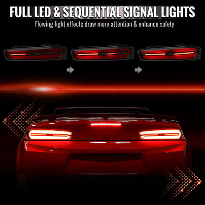 2016-2018 Chevrolet Camaro Full Red LED Sequential Tail Light (Black Housing / Clear Lens)