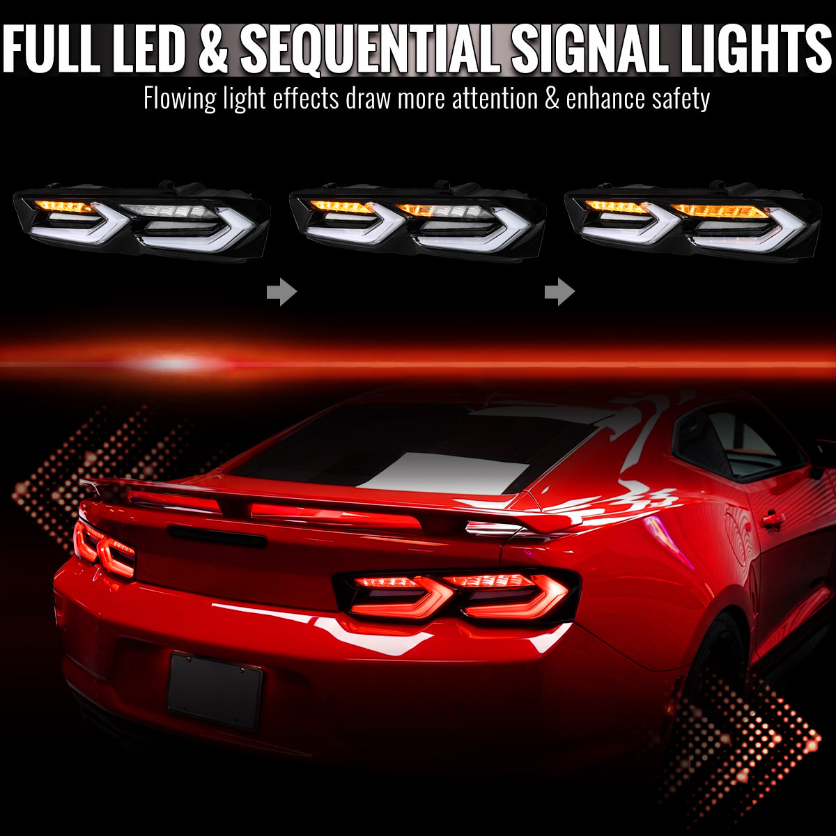 2019-2024 Chevrolet Camaro Sequential LED Turn Signal C8-Style Tail Lights (Black Housing / Clear Lens)