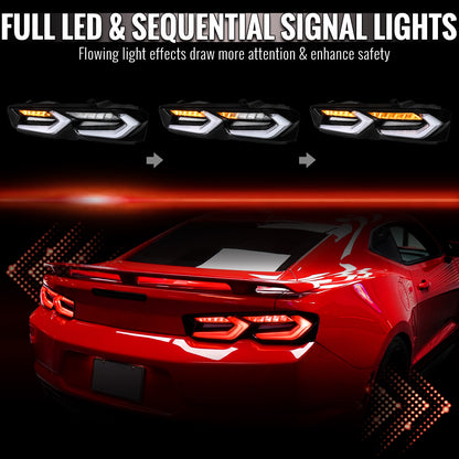 2019-2024 Chevrolet Camaro Sequential LED Turn Signal C8-Style Tail Lights (Black Housing / Clear Lens)