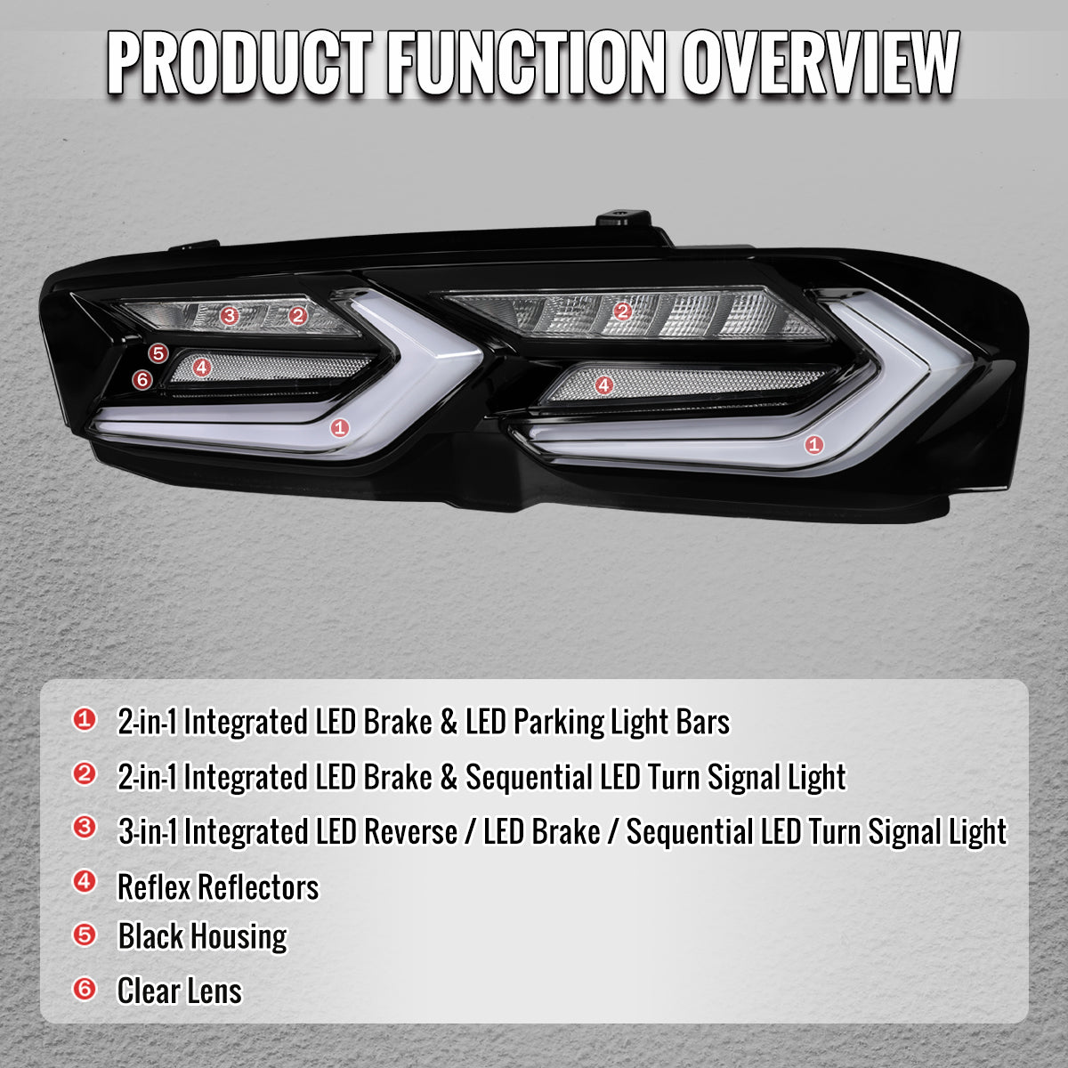 2019-2024 Chevrolet Camaro Sequential LED Turn Signal C8-Style Tail Lights (Black Housing / Clear Lens)
