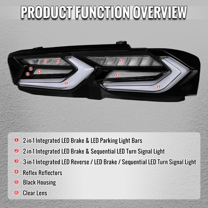 2019-2024 Chevrolet Camaro Sequential LED Turn Signal C8-Style Tail Lights (Black Housing / Clear Lens)