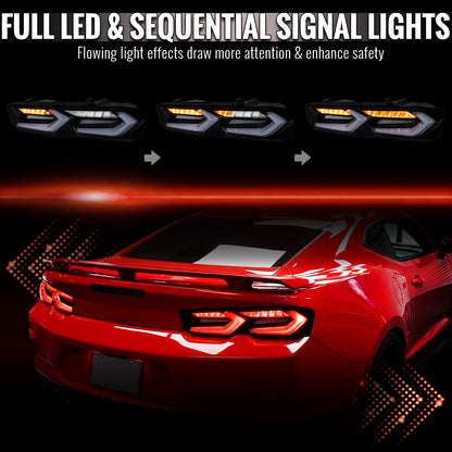 2019-2024 Chevrolet Camaro Sequential LED Turn Signal C8-Style Tail Lights (Black Housing / Smoked Lens)