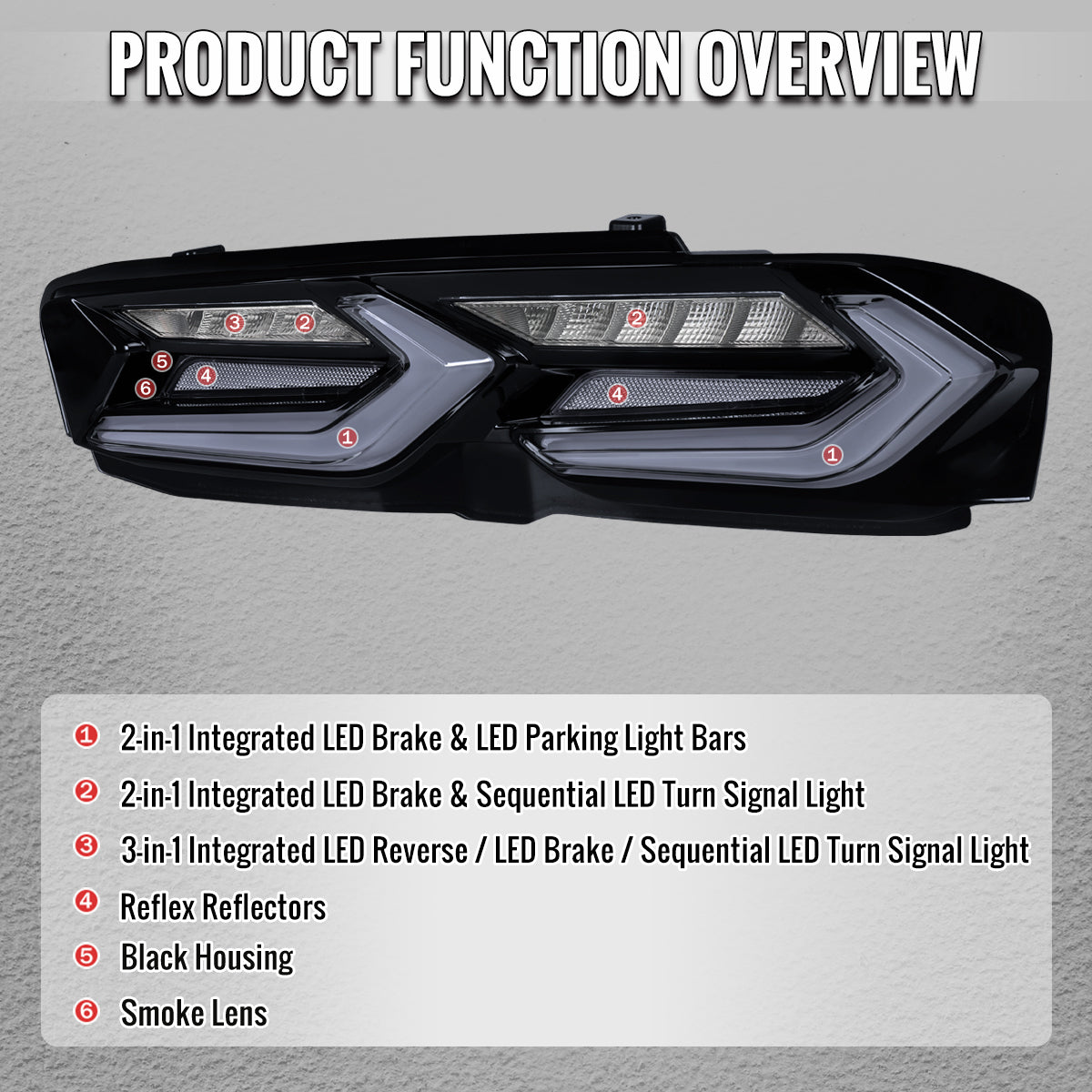 2019-2024 Chevrolet Camaro Sequential LED Turn Signal C8-Style Tail Lights (Black Housing / Smoked Lens)