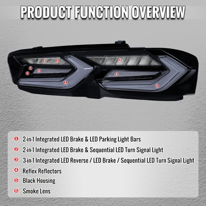 2019-2024 Chevrolet Camaro Sequential LED Turn Signal C8-Style Tail Lights (Black Housing / Smoked Lens)