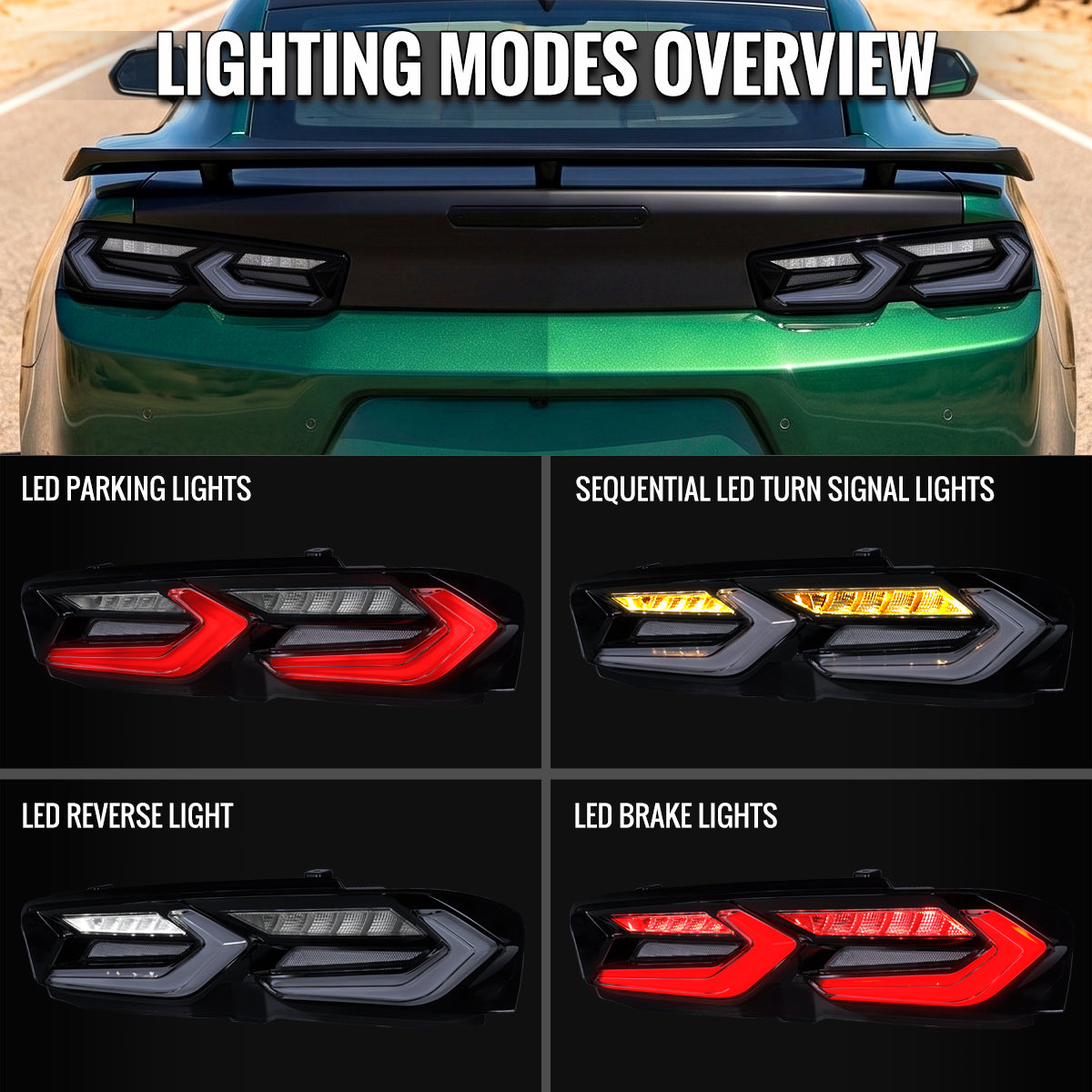 2019-2024 Chevrolet Camaro Sequential LED Turn Signal C8-Style Tail Lights (Black Housing / Smoked Lens)