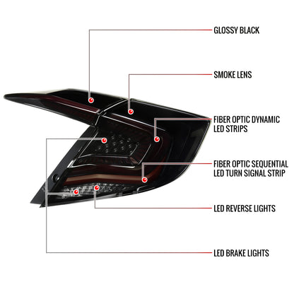 2016-2021 Honda Civic Sedan V2 LED Tail Lights w/ Sequential Turn Signal Lights (Glossy Black Housing/Smoked Lens)