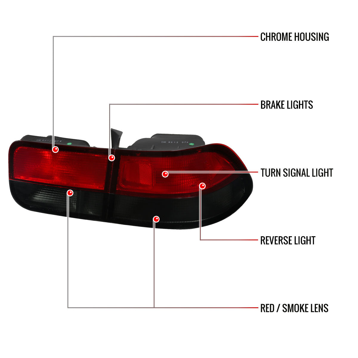 1996-2000 Honda Civic Coupe Tail Lights (Chrome Housing/Red Smoked Lens)