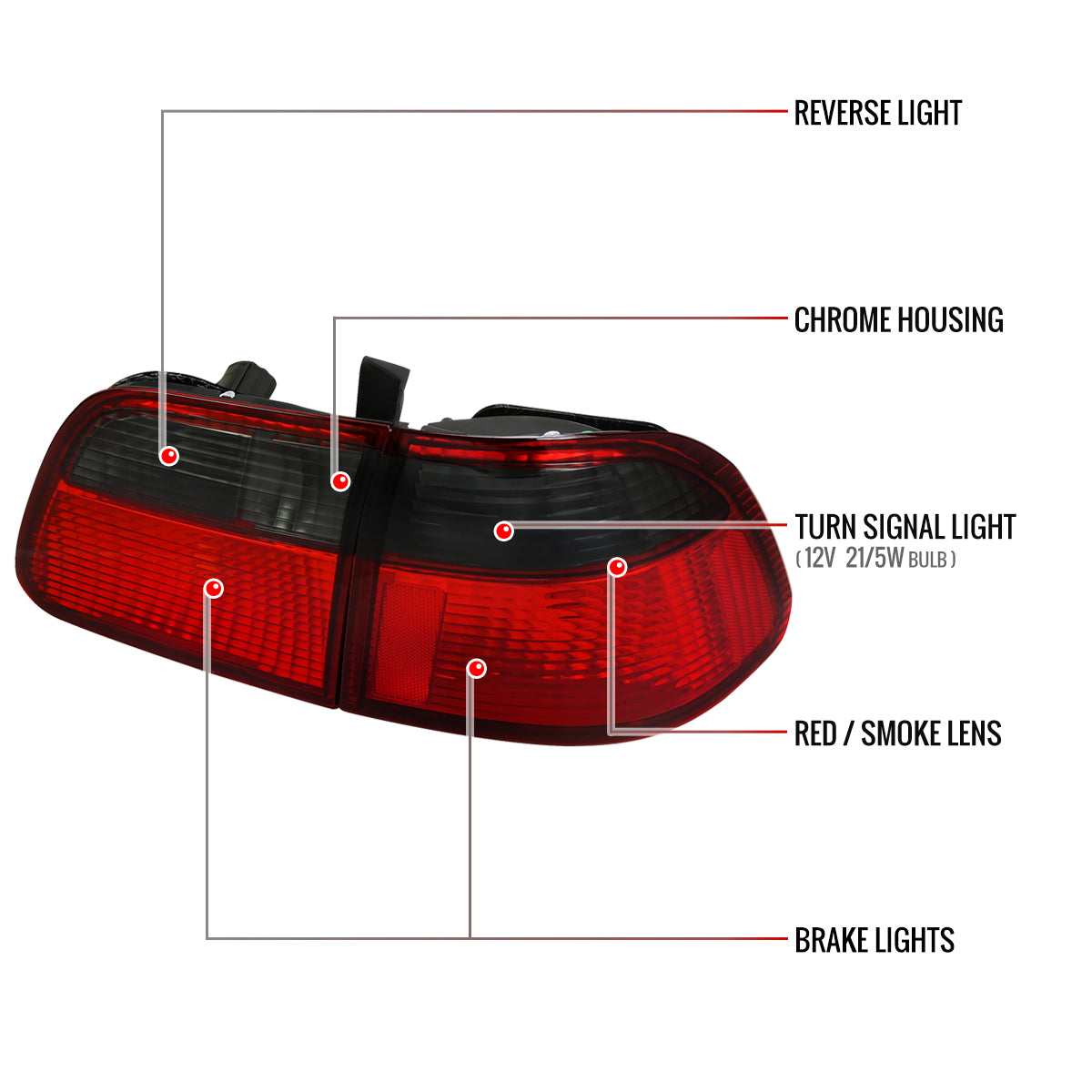 1999-2000 Honda Civic Sedan Tail Lights (Chrome Housing/Red Smoked Lens)