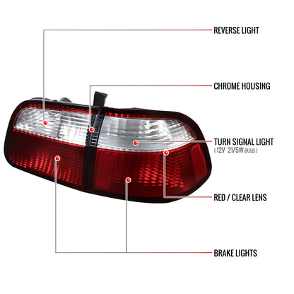 1999-2000 Honda Civic Sedan Tail Lights (Chrome Housing/Red Clear Lens)