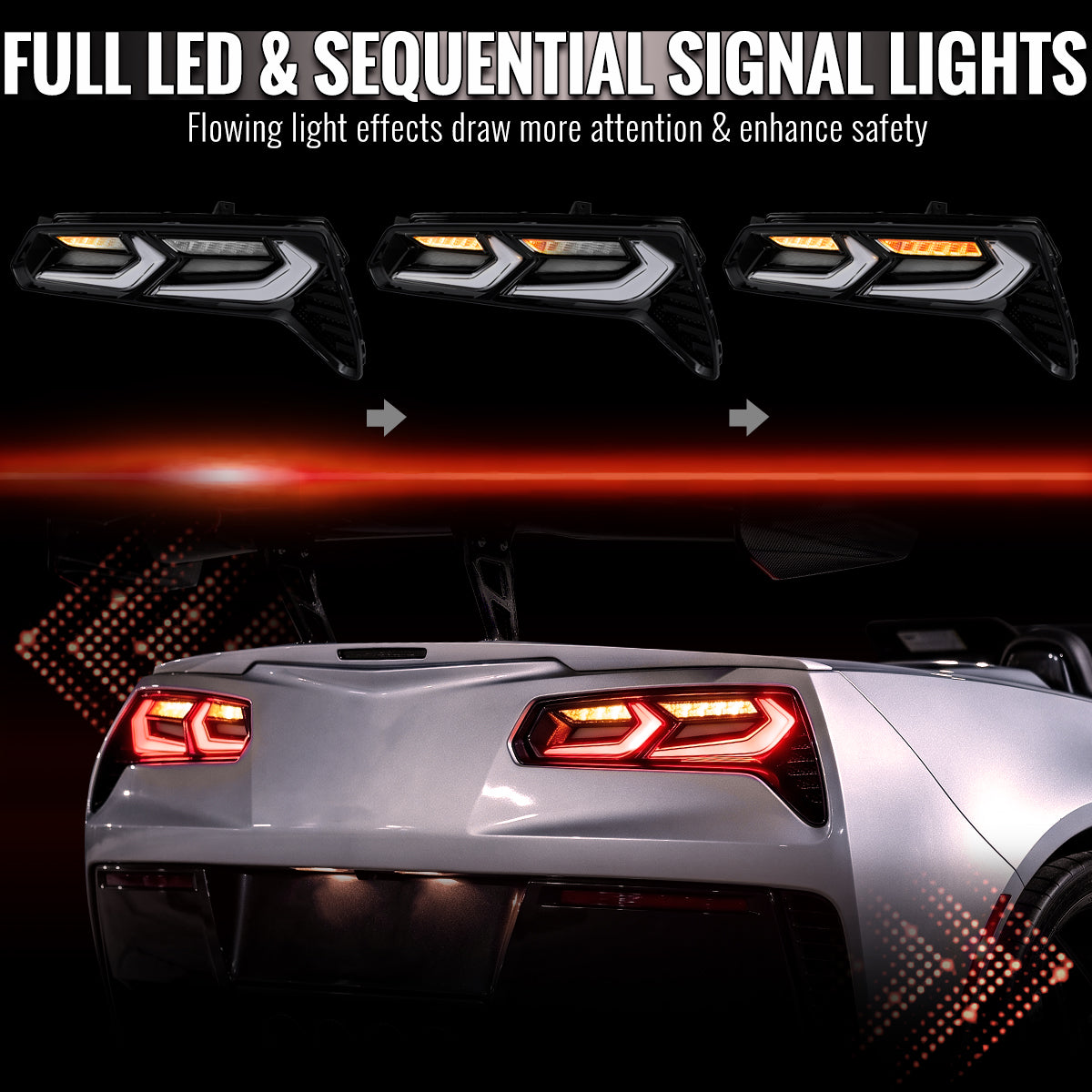 2014-2019 Chevrolet Corvette C7 Sequential LED Turn Signal C8-Style Tail Lights (Black Housing / Clear Lens)