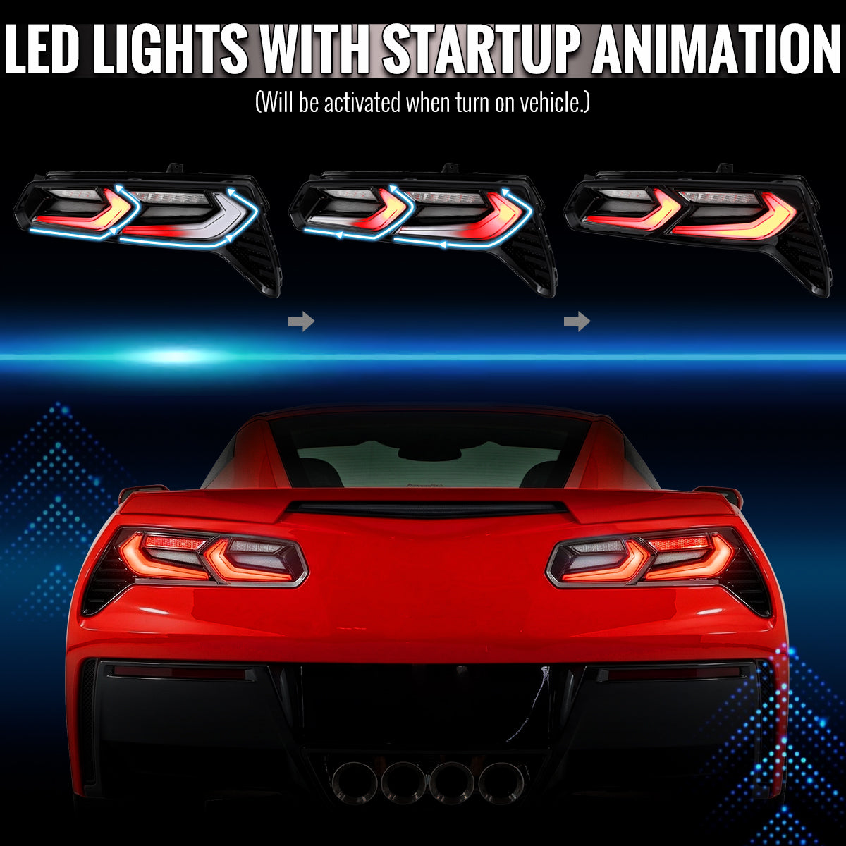 2014-2019 Chevrolet Corvette C7 Sequential LED Turn Signal C8-Style Tail Lights (Black Housing / Clear Lens)