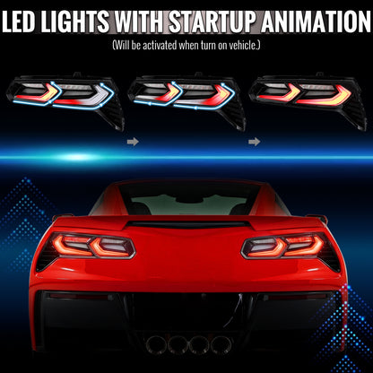 2014-2019 Chevrolet Corvette C7 Sequential LED Turn Signal C8-Style Tail Lights (Black Housing / Clear Lens)