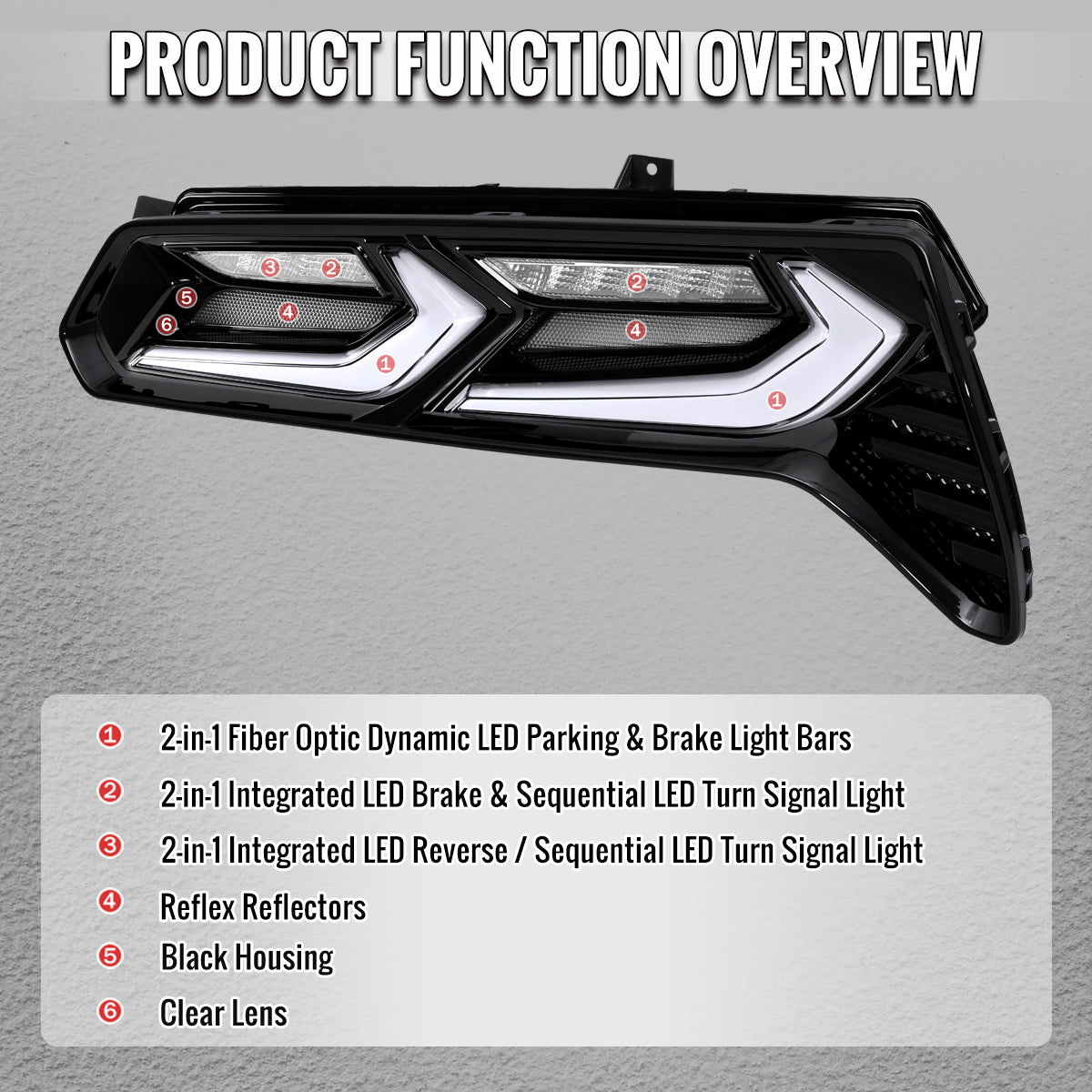 2014-2019 Chevrolet Corvette C7 Sequential LED Turn Signal C8-Style Tail Lights (Black Housing / Clear Lens)