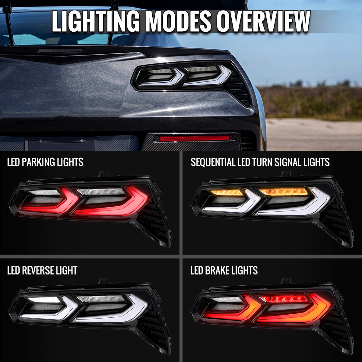 2014-2019 Chevrolet Corvette C7 Sequential LED Turn Signal C8-Style Tail Lights (Black Housing / Clear Lens)