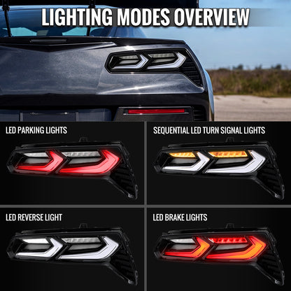 2014-2019 Chevrolet Corvette C7 Sequential LED Turn Signal C8-Style Tail Lights (Black Housing / Clear Lens)