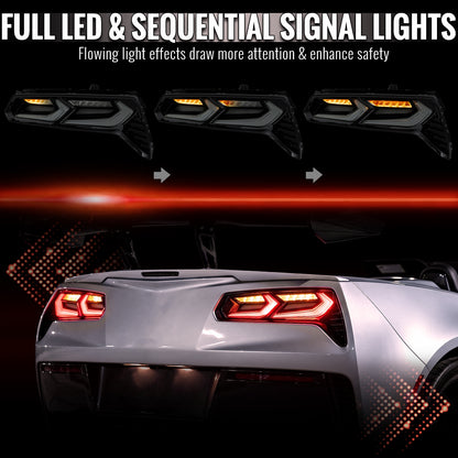 2014-2019 Chevrolet Corvette C7 Sequential LED Turn Signal C8-Style Tail Lights (Black Housing / Smoked Lens)