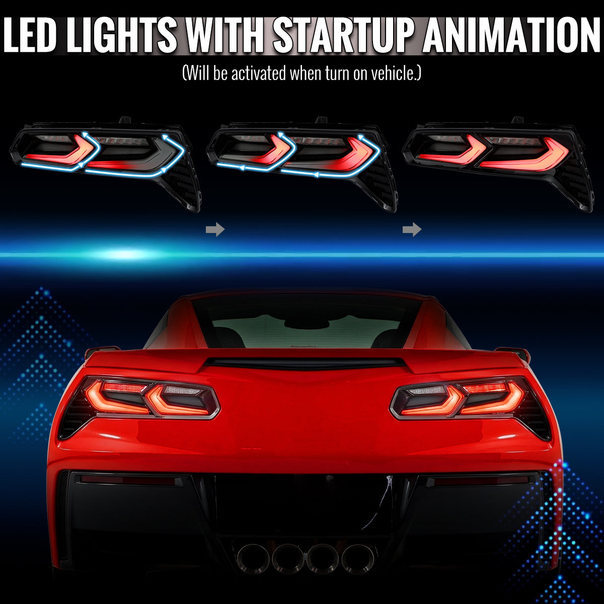 2014-2019 Chevrolet Corvette C7 Sequential LED Turn Signal C8-Style Tail Lights (Black Housing / Smoked Lens)