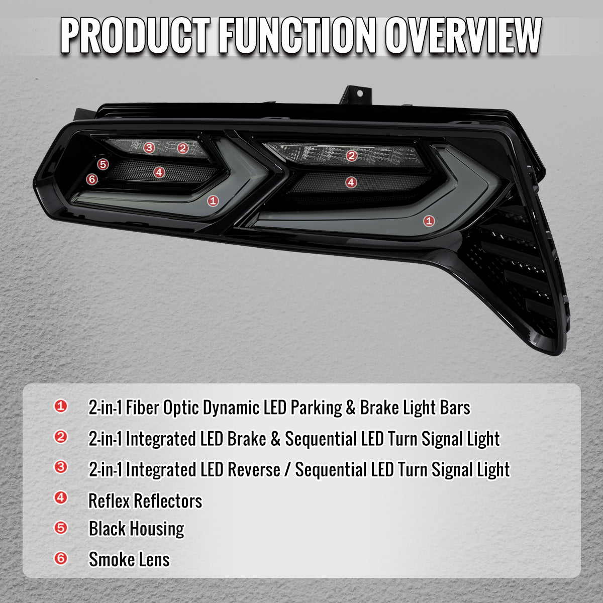 2014-2019 Chevrolet Corvette C7 Sequential LED Turn Signal C8-Style Tail Lights (Black Housing / Smoked Lens)