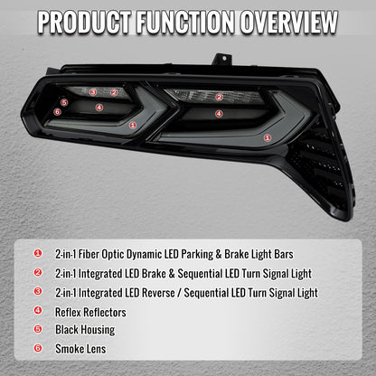 2014-2019 Chevrolet Corvette C7 Sequential LED Turn Signal C8-Style Tail Lights (Black Housing / Smoked Lens)