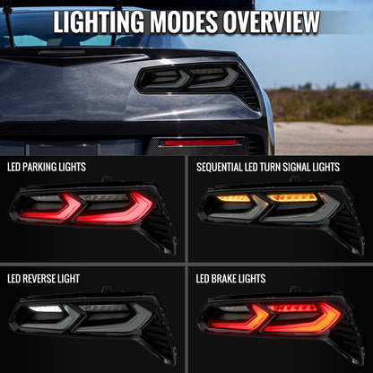 2014-2019 Chevrolet Corvette C7 Sequential LED Turn Signal C8-Style Tail Lights (Black Housing / Smoked Lens)