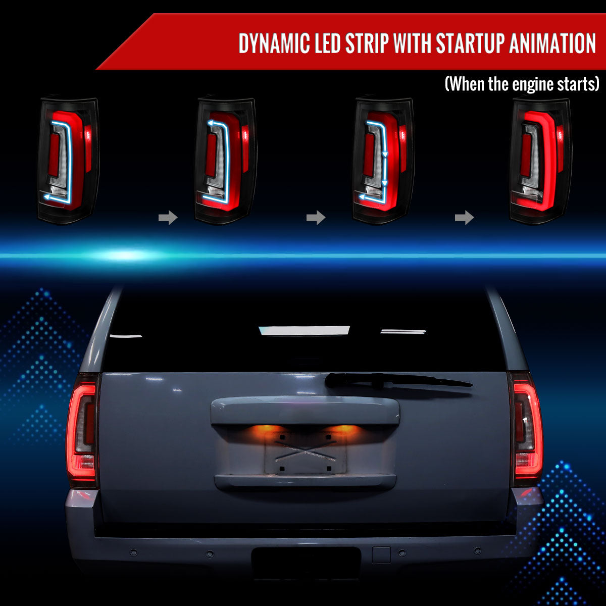 2007-2014 Chevrolet Tahoe/Suburban / 2007-2014 GMC Yukon/Yukon Denali Red LED Sequential Turn Signal Tail Lights  (Matte Black Housing/Clear Lens)